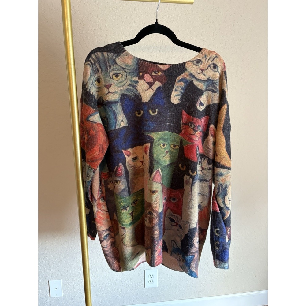 Women's Cat Collage Cotton Wool Oversized Sweater Size XL Artsy Novelty Whimsy